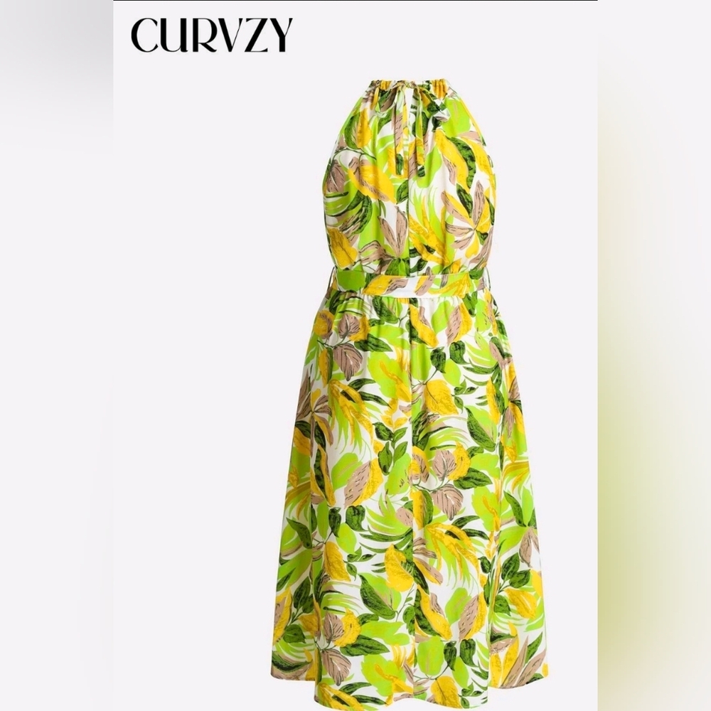 Curvzy Green Leaf Print Plus Size Dress 4XL NWT - Picture 2 of 4